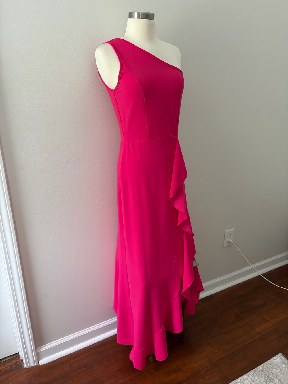BTFBM One-Shoulder Fuchsia Ruffle Slit Dress S Barbiecore Modern Romance Hoco - Picture 4 of 12